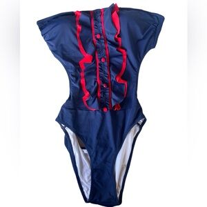 Atlantic Beach One Piece Swimsuit Navy and Red Ruffle Size 42